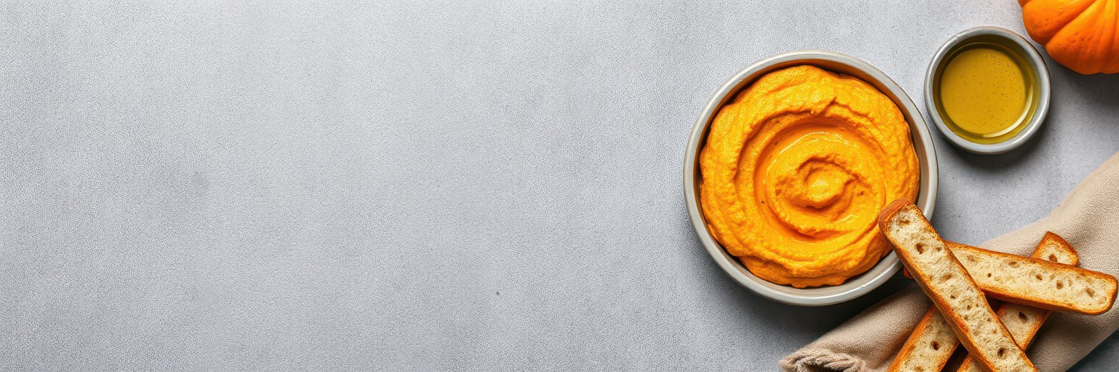 Creamy pumpkin dip served with crisp crackers and olive oil on a rustic gray table